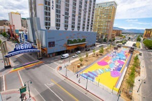 Aerial of ground murals in downtown Reno